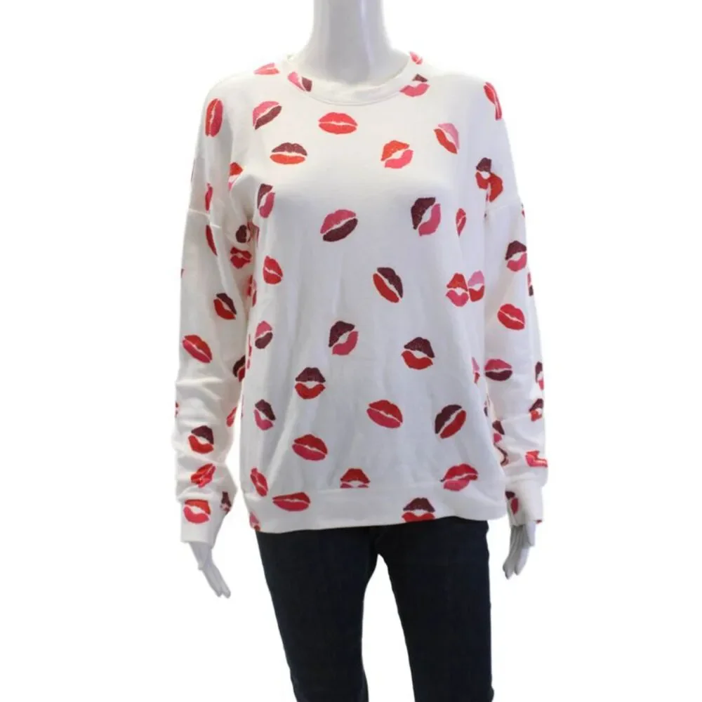 PJ Salvage Womens Textured Long Sleeve Round Neck Printed Top White Size S